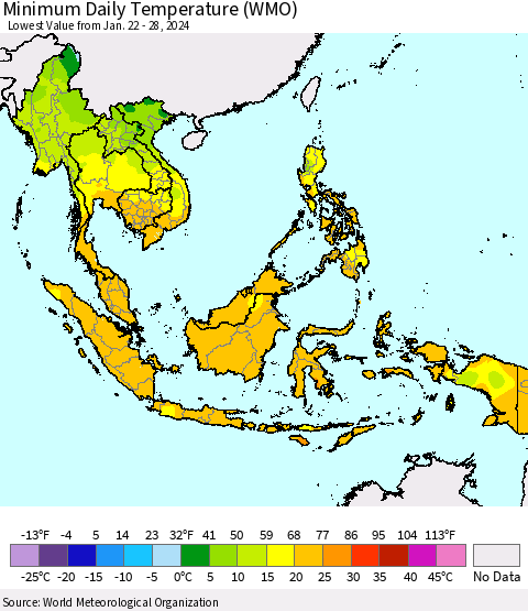 South East Asia Minimum Daily Temperature (WMO) Thematic Map For 1/22/2024 - 1/28/2024