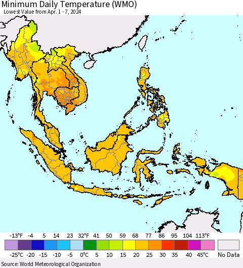 South East Asia Minimum Daily Temperature (WMO) Thematic Map For 4/1/2024 - 4/7/2024