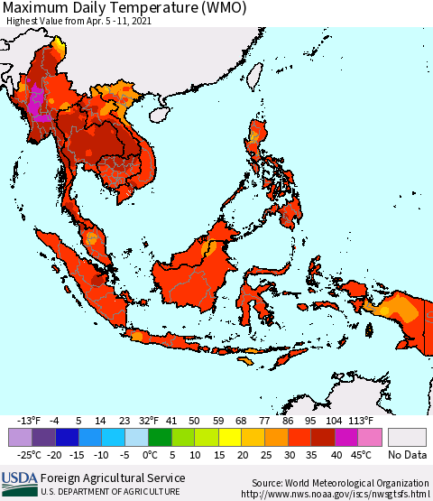 South East Asia Maximum Daily Temperature (WMO) Thematic Map For 4/5/2021 - 4/11/2021