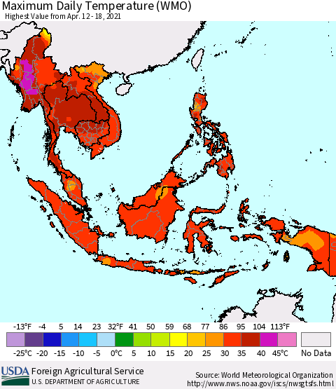 South East Asia Maximum Daily Temperature (WMO) Thematic Map For 4/12/2021 - 4/18/2021