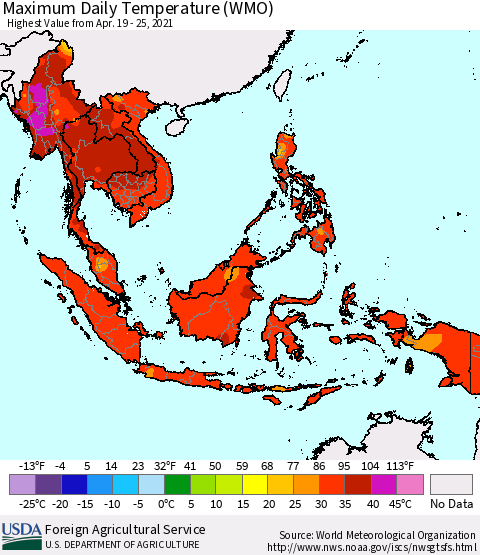 South East Asia Maximum Daily Temperature (WMO) Thematic Map For 4/19/2021 - 4/25/2021