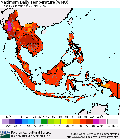 South East Asia Maximum Daily Temperature (WMO) Thematic Map For 4/26/2021 - 5/2/2021