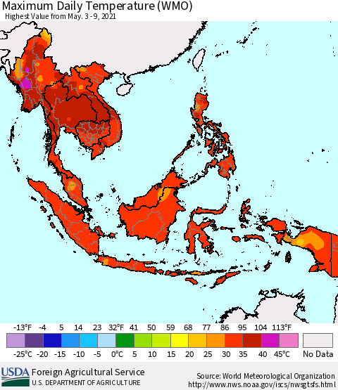 South East Asia Maximum Daily Temperature (WMO) Thematic Map For 5/3/2021 - 5/9/2021