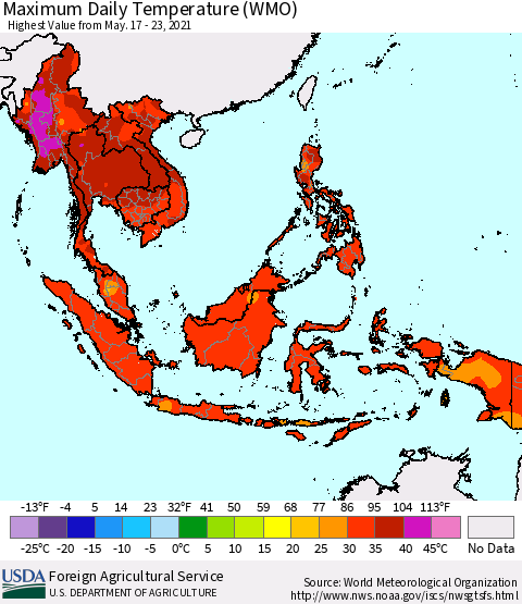 South East Asia Maximum Daily Temperature (WMO) Thematic Map For 5/17/2021 - 5/23/2021