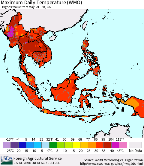 South East Asia Maximum Daily Temperature (WMO) Thematic Map For 5/24/2021 - 5/30/2021