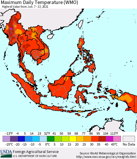 South East Asia Maximum Daily Temperature (WMO) Thematic Map For 6/7/2021 - 6/13/2021