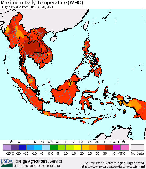 South East Asia Maximum Daily Temperature (WMO) Thematic Map For 6/14/2021 - 6/20/2021