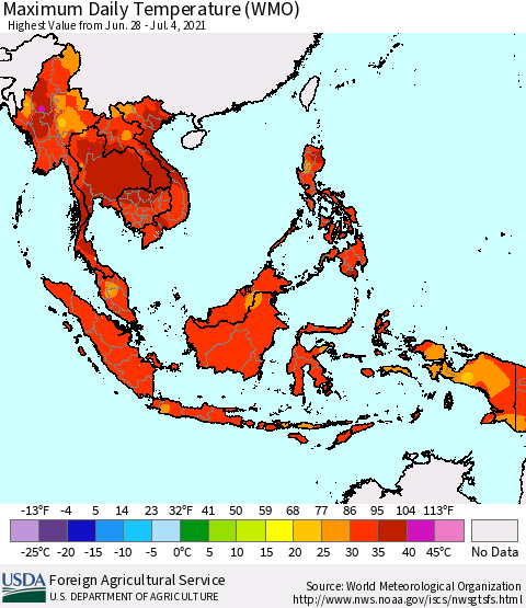 South East Asia Maximum Daily Temperature (WMO) Thematic Map For 6/28/2021 - 7/4/2021