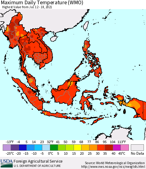 South East Asia Maximum Daily Temperature (WMO) Thematic Map For 7/12/2021 - 7/18/2021