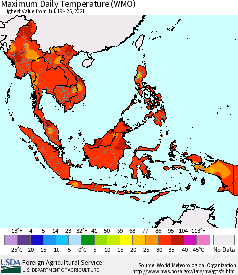 South East Asia Maximum Daily Temperature (WMO) Thematic Map For 7/19/2021 - 7/25/2021