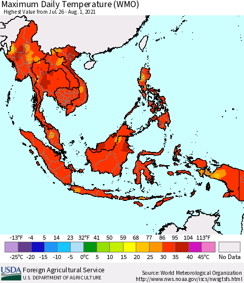 South East Asia Maximum Daily Temperature (WMO) Thematic Map For 7/26/2021 - 8/1/2021