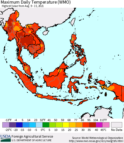 South East Asia Maximum Daily Temperature (WMO) Thematic Map For 8/9/2021 - 8/15/2021