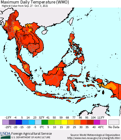 South East Asia Maximum Daily Temperature (WMO) Thematic Map For 9/27/2021 - 10/3/2021