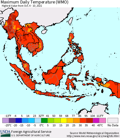 South East Asia Maximum Daily Temperature (WMO) Thematic Map For 10/4/2021 - 10/10/2021