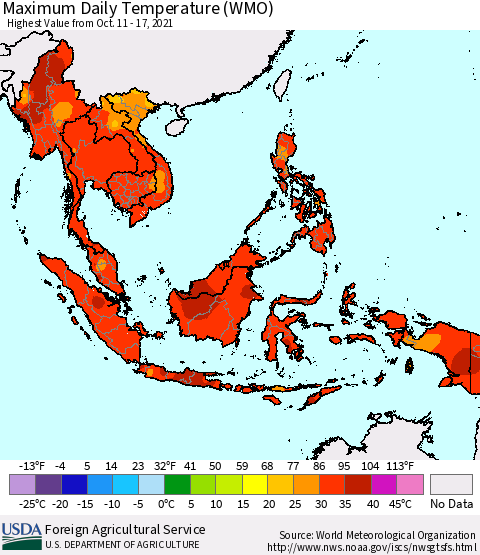 South East Asia Maximum Daily Temperature (WMO) Thematic Map For 10/11/2021 - 10/17/2021