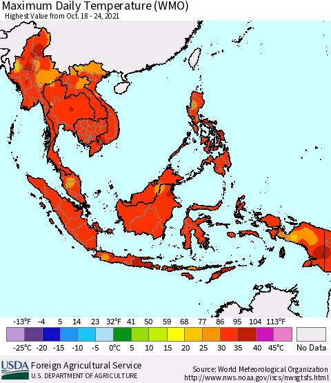 South East Asia Maximum Daily Temperature (WMO) Thematic Map For 10/18/2021 - 10/24/2021