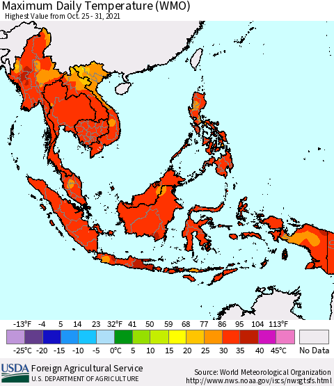 South East Asia Maximum Daily Temperature (WMO) Thematic Map For 10/25/2021 - 10/31/2021