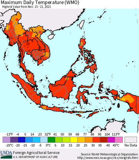 South East Asia Maximum Daily Temperature (WMO) Thematic Map For 11/15/2021 - 11/21/2021