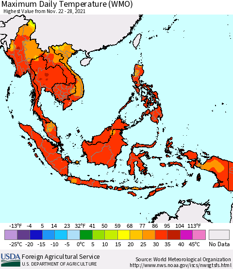 South East Asia Maximum Daily Temperature (WMO) Thematic Map For 11/22/2021 - 11/28/2021