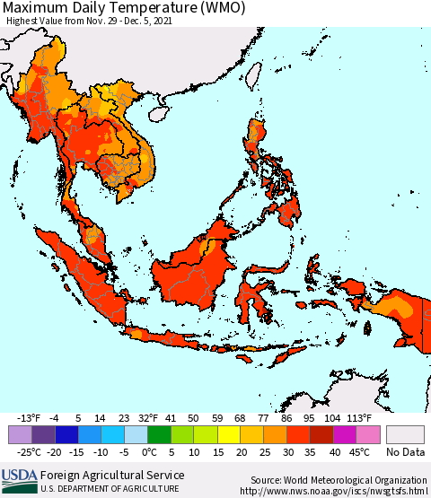 South East Asia Maximum Daily Temperature (WMO) Thematic Map For 11/29/2021 - 12/5/2021