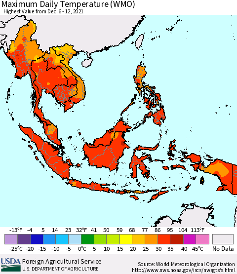 South East Asia Maximum Daily Temperature (WMO) Thematic Map For 12/6/2021 - 12/12/2021