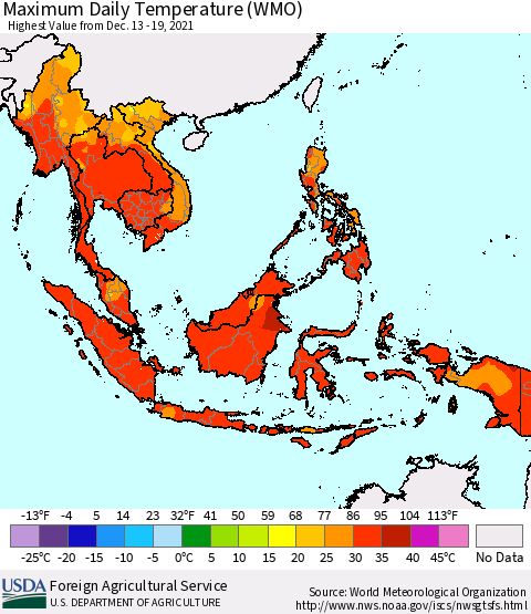 South East Asia Maximum Daily Temperature (WMO) Thematic Map For 12/13/2021 - 12/19/2021