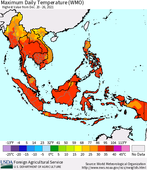 South East Asia Maximum Daily Temperature (WMO) Thematic Map For 12/20/2021 - 12/26/2021