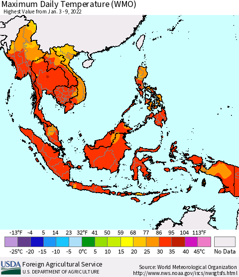 South East Asia Maximum Daily Temperature (WMO) Thematic Map For 1/3/2022 - 1/9/2022
