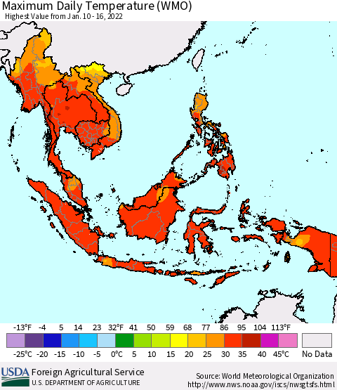 South East Asia Maximum Daily Temperature (WMO) Thematic Map For 1/10/2022 - 1/16/2022