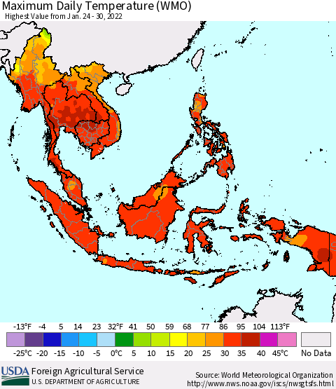 South East Asia Maximum Daily Temperature (WMO) Thematic Map For 1/24/2022 - 1/30/2022