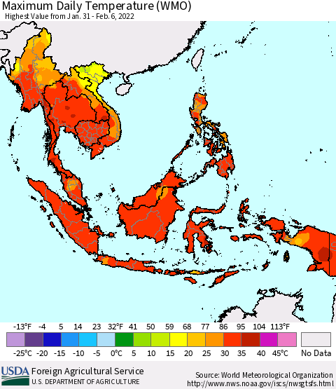 South East Asia Maximum Daily Temperature (WMO) Thematic Map For 1/31/2022 - 2/6/2022