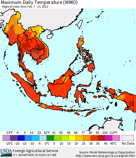 South East Asia Maximum Daily Temperature (WMO) Thematic Map For 2/7/2022 - 2/13/2022