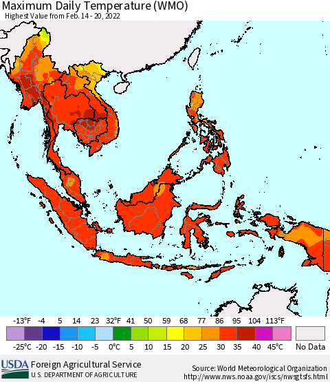 South East Asia Maximum Daily Temperature (WMO) Thematic Map For 2/14/2022 - 2/20/2022