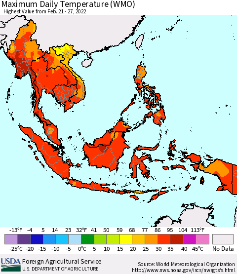 South East Asia Maximum Daily Temperature (WMO) Thematic Map For 2/21/2022 - 2/27/2022