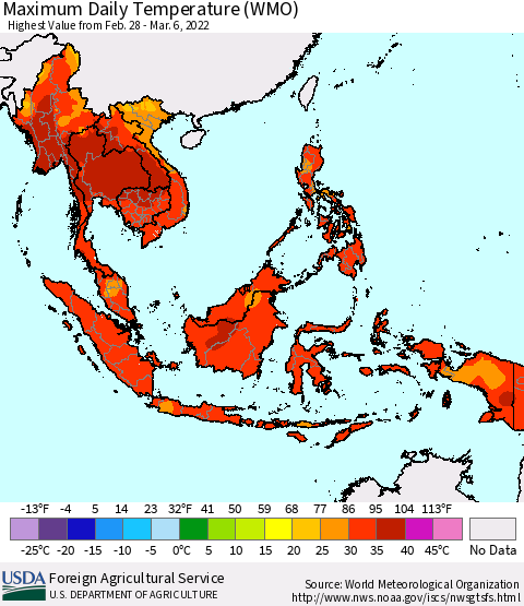 South East Asia Maximum Daily Temperature (WMO) Thematic Map For 2/28/2022 - 3/6/2022