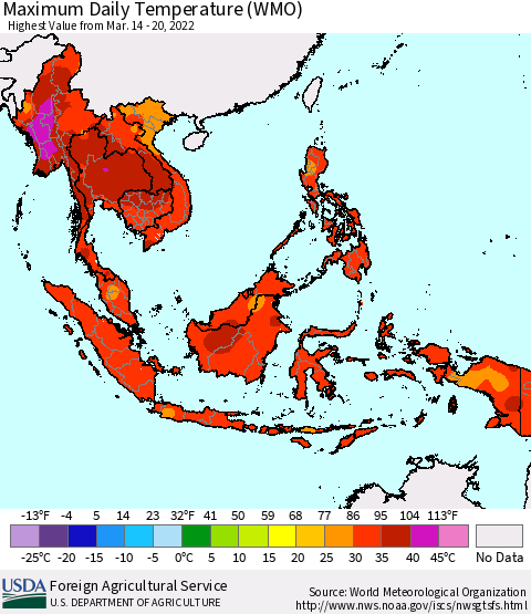South East Asia Maximum Daily Temperature (WMO) Thematic Map For 3/14/2022 - 3/20/2022