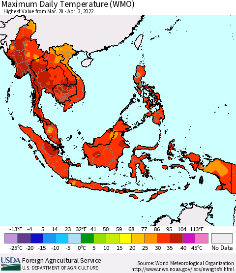 South East Asia Maximum Daily Temperature (WMO) Thematic Map For 3/28/2022 - 4/3/2022