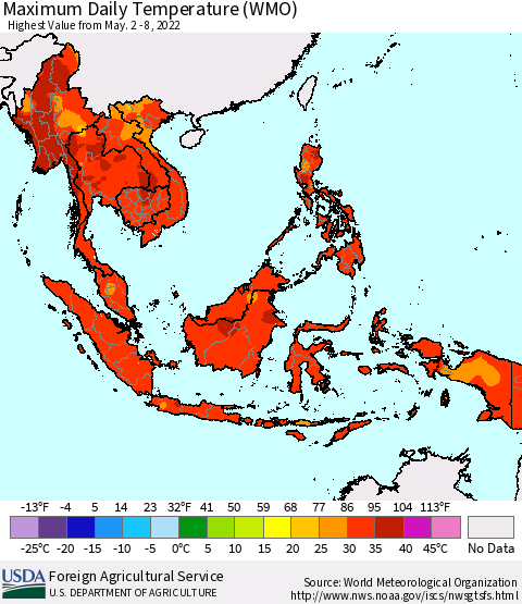 South East Asia Maximum Daily Temperature (WMO) Thematic Map For 5/2/2022 - 5/8/2022