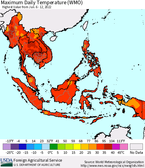 South East Asia Maximum Daily Temperature (WMO) Thematic Map For 6/6/2022 - 6/12/2022