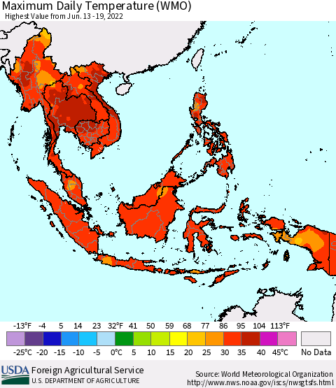 South East Asia Maximum Daily Temperature (WMO) Thematic Map For 6/13/2022 - 6/19/2022