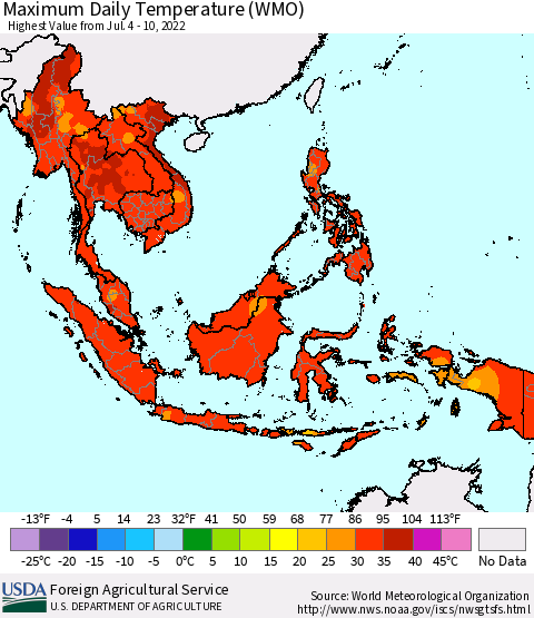South East Asia Maximum Daily Temperature (WMO) Thematic Map For 7/4/2022 - 7/10/2022