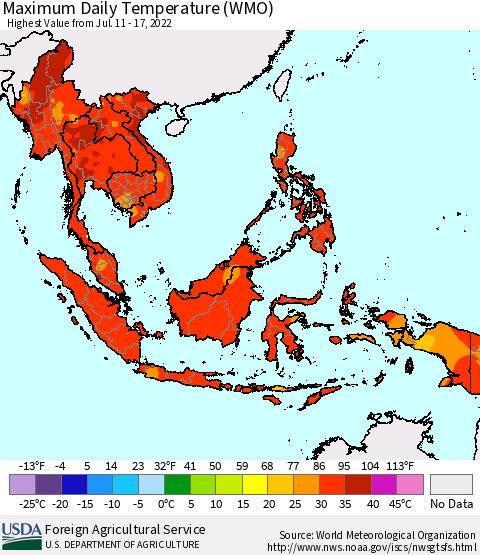 South East Asia Maximum Daily Temperature (WMO) Thematic Map For 7/11/2022 - 7/17/2022