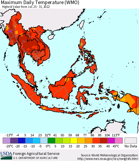 South East Asia Maximum Daily Temperature (WMO) Thematic Map For 7/25/2022 - 7/31/2022