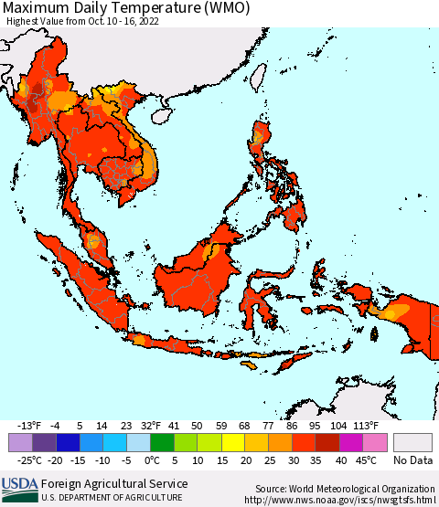 South East Asia Maximum Daily Temperature (WMO) Thematic Map For 10/10/2022 - 10/16/2022