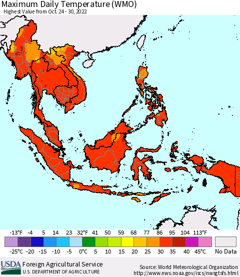 South East Asia Maximum Daily Temperature (WMO) Thematic Map For 10/24/2022 - 10/30/2022