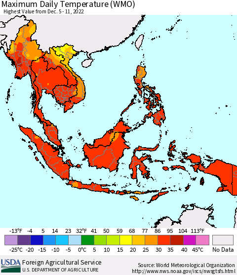 South East Asia Maximum Daily Temperature (WMO) Thematic Map For 12/5/2022 - 12/11/2022