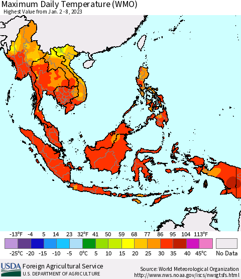 South East Asia Maximum Daily Temperature (WMO) Thematic Map For 1/2/2023 - 1/8/2023