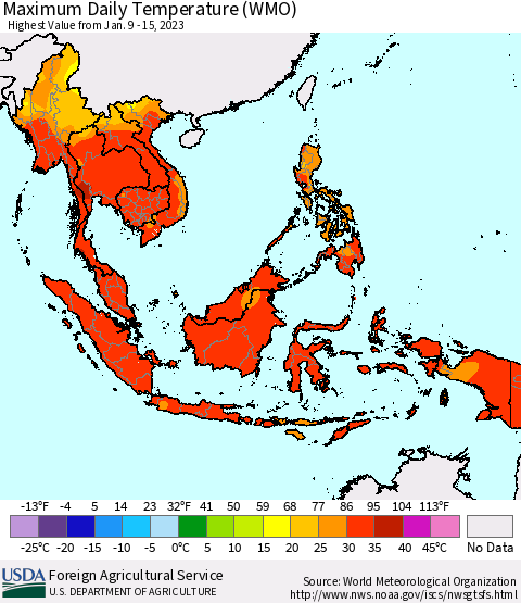 South East Asia Maximum Daily Temperature (WMO) Thematic Map For 1/9/2023 - 1/15/2023