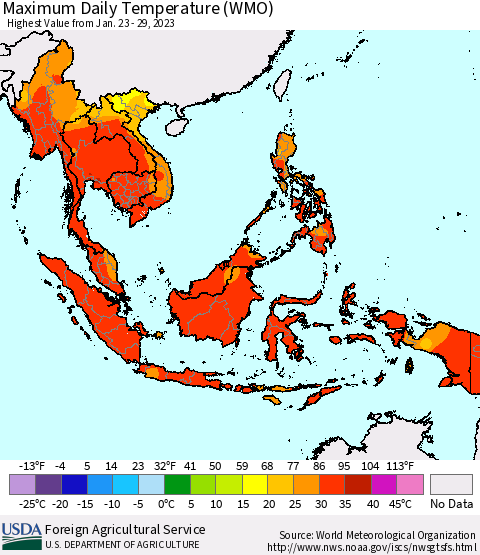South East Asia Maximum Daily Temperature (WMO) Thematic Map For 1/23/2023 - 1/29/2023