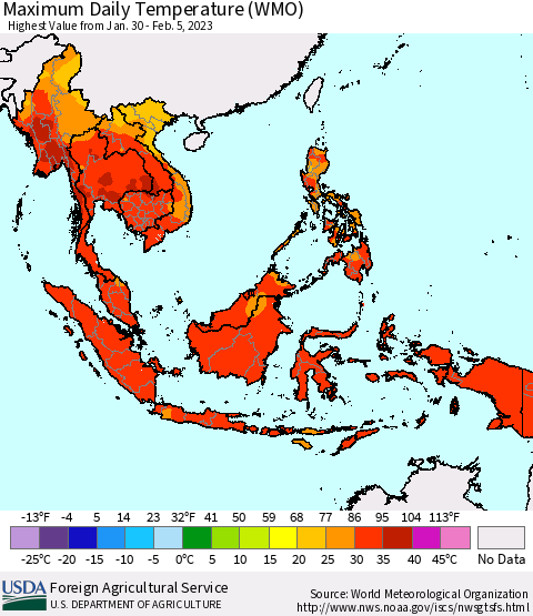 South East Asia Maximum Daily Temperature (WMO) Thematic Map For 1/30/2023 - 2/5/2023